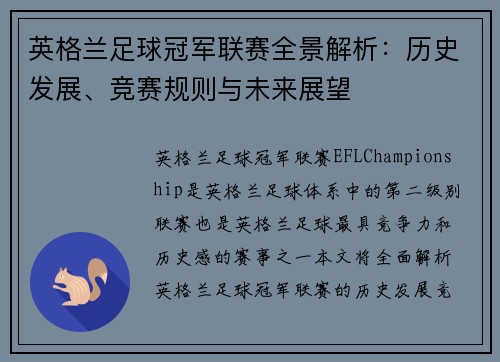 英格兰足球冠军联赛全景解析：历史发展、竞赛规则与未来展望